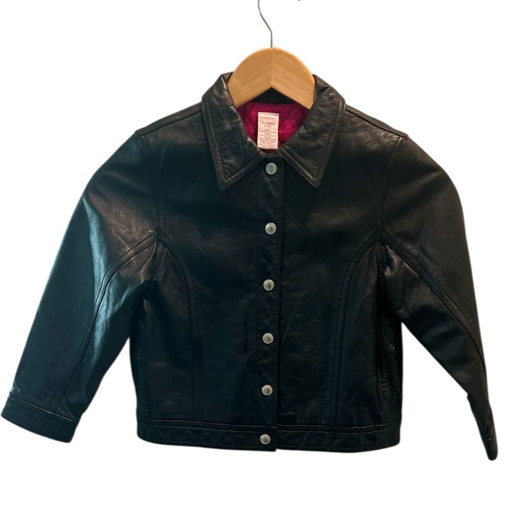 Gymboree Genuine Leather Jacket Girls XL 7 Black Moto Style 2001 Rainbow Cuffs - Picture 2 of 7